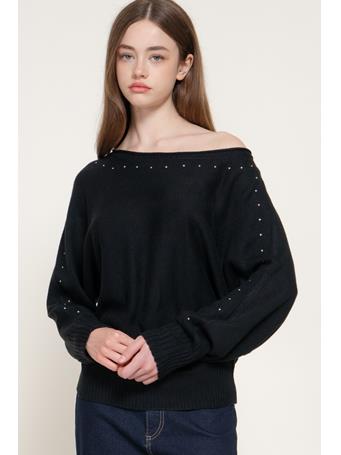 ACTIVE BASIC - Wide Boat Neck Studded Sweater BLACK