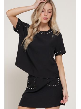 ACTIVE BASIC - Short Sleeve Pearl Trim Woven Top BLACK
