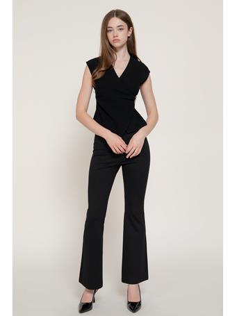 ACTIVE BASIC - Cap Sleeve Surplice Soft Knit Top with Metal Clasp BLACK