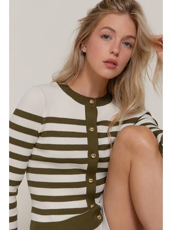 ACTIVE BASIC - Long Sleeve Crew Neck Stripe Sweater Cardigan IVORY/OLIVE