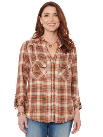 DEMOCRACY - Tab Long Sleeve Button Down Patch Pocket Front, Plaid Woven Shirt PORT