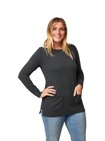 COLOR EIGHTEEN - Fine Gauge Tunic Crew Sweater with Pockets CHARCOAL HEATHER