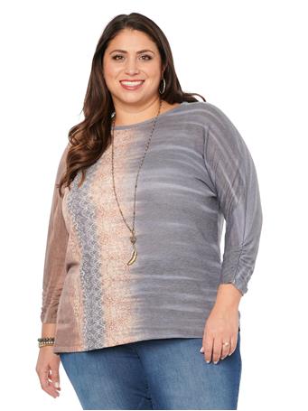 DEMOCRACY - Ruched 3/4 Sleeve Asymmetrical Hem Printed Plus Top STRELING BLUE/ TAUPE