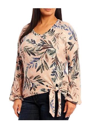 DEMOCRACY - Plus Size Leaves Print V-Neck Long Blouson Sleeve Tie Banded Hem Knit Top ROSE QUARTZ MULTI