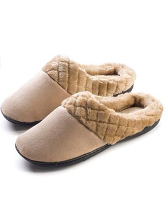 ROXONI - Women?s Velour Slippers Memory Foam Clog Quilted Faux Fur Collar BEIGE
