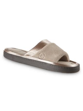 ISOTONER'S - Women’s Microterry Satin Trim Wider Width Slide Slippers STONE