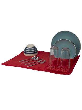   HOME BASICS -  Low Profile Plastic Dish Drying Rack with Buttoned Micro Fiber RED