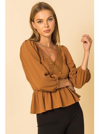 HYFVE - Puff Long Sleeve Top With Lace Collar and Peplum LIGHT BROWN