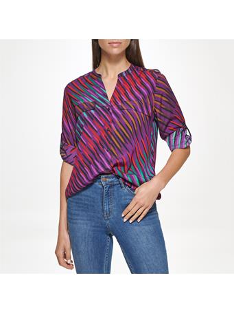 CALVIN KLEIN - Printed Crew Neck Rolled Long Sleeve Blouse PLUM/RED