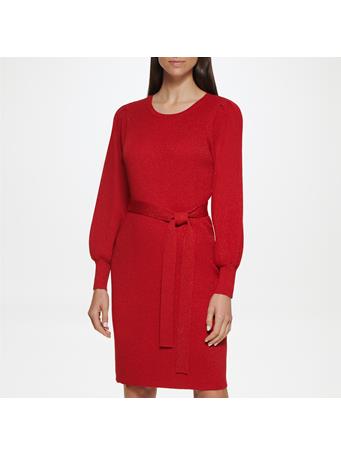 CALVIN KLEIN - Long Sleeve Ribbed Sweater Dress with Belt ROUGE