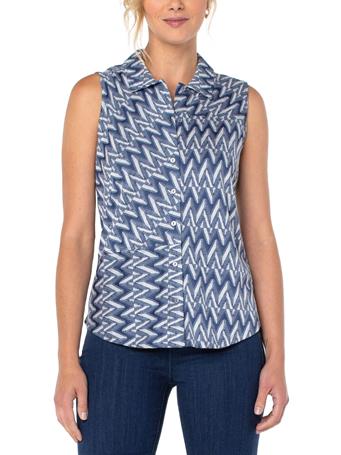 LIVERPOOL JEANS - Patched Button Front Knit Shirt BLUE / WHITE CHEVRON