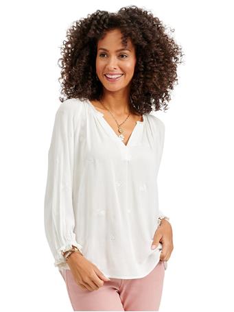 DEMOCRACY - 3/4 Sleeve Split Neck Embroidered Eyelet Woven Top OFF WHITE