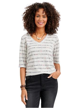 DEMOCRACY - Elbow Sleeve V Neck Ruched Heart Stripe Tee Shirt HEATHER OFF WHITE/ NAVY