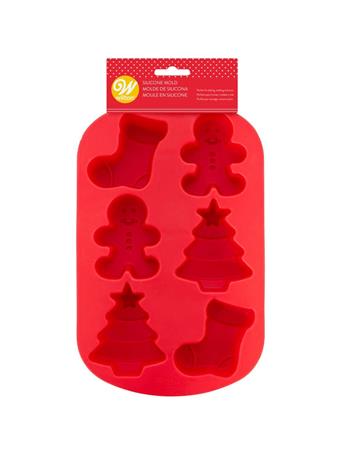 WILTON - Christmas Silicone Mold, 6-Cavity - Christmas Tree, Gingerbread Boy & Stocking Shapes RED