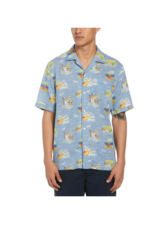 ORIGINAL PENGUIN - Vacation Print Camp Short Sleeve Shirt FADED DENIM