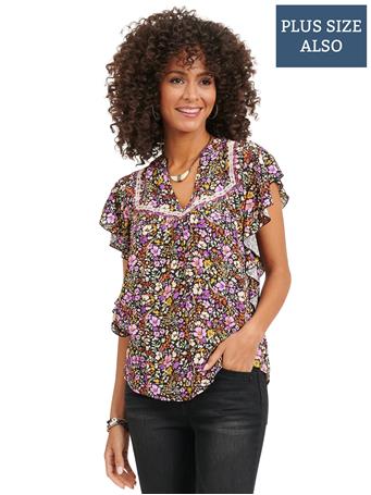 DEMOCRACY - Cascade Sleeve Embroidered Floral Print Plus Woven Top BLACK/MULTI