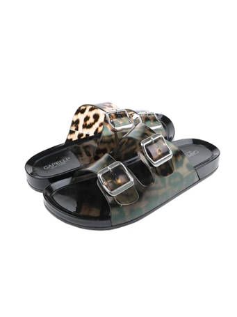 CAPELLI - Ladies Transparent Leopard Print Double Strap Injected PVC Slide BLACK