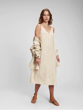 GAP - Linen Blend Cami Midi Dress BEIGE LEOPARD PRINT