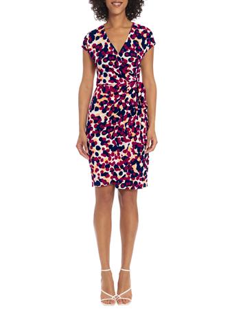 MAGGY LONDON - Cap Sleeve Printed Jersey Wrap Dress WHITE/MAGENTA