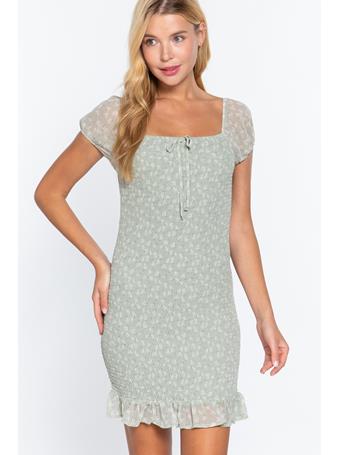 ACTIVE BASIC - Short Sleeve Smocked Print Woven Dress SAGE