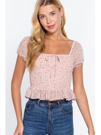 ACTIVE BASIC - Short Sleeve Smocked Ruffle Print Woven Top MAUVE/SAGE