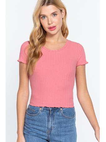 ACTIVE BASIC - Round Neck Lettuce Rib Knit Top STRAWBERRY PINK