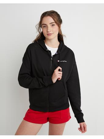 CHAMPION - Powerblend Fleece Full Zip Hoodie, Script Logo BLACK