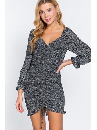 ACTIVE BASIC - Long Sleeve All Smocking Print Dress BLACK/MUSTARD