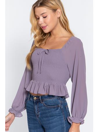 ACTIVE BASIC - Long Sleeve Smocking Woven Top DUSTY LAVENDER