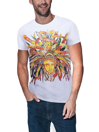 XRAY JEANS - Men's Colorful Feathers Golden Mask Rhinestone Graphic T-Shirt WHITE