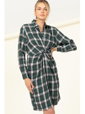 HYFVE - Charmed Checkered Twist-Front Midi Shirt Dress GREEN
