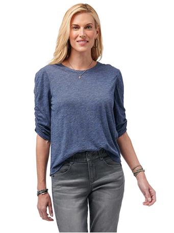 DEMOCRACY - Ruched Elbow Puff Sleeve Scoop Neck Heather Knit Tee HEATHER NAVY