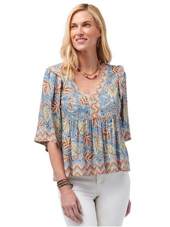 DEMOCRACY - 3/4 Ruffled Sleeve V Neck Floral Print Woven Top STONE BLUE