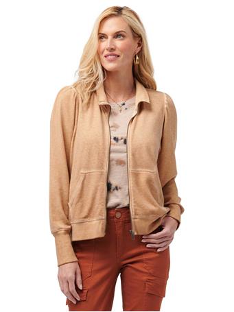 DEMOCRACY - Mock Neck Mineral Wash Puff Sleeve Knit Jacket WARM SAND