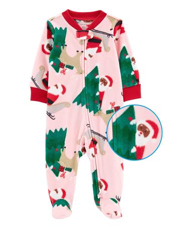 CARTER'S - Baby Christmas Zip-Up Fleece Sleep & Play PINK