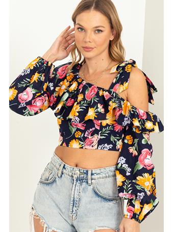 HYFVE - Flutter Away One Shoulder Floral Printed Blouse BLUE