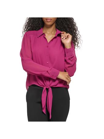 CALVIN KLEIN - Long Sleeve Tie Smock back Solid Chiffon Blouse MULBERRY