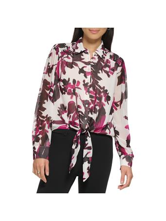 CALVIN KLEIN - Long Sleeve Tie Smock Back Print Chiffon Blouse MULBERRY COMBO