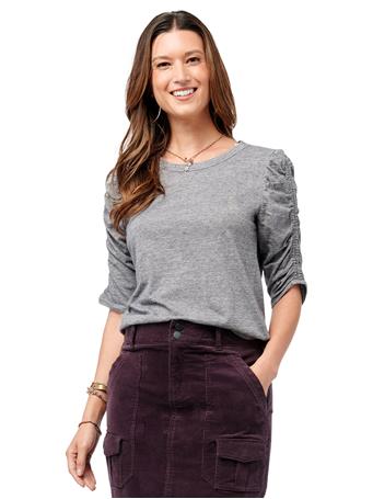 DEMOCRACY - Ruched Elbow Puff Sleeve Scoop Neck Heather Knit Tee Heather Charcoal