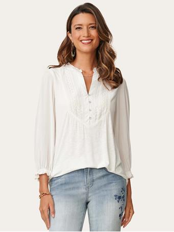 DEMOCRACY - 3/4 Blouson Sleeve Ruffle Edge Neck Embroidered Knit Top Off White