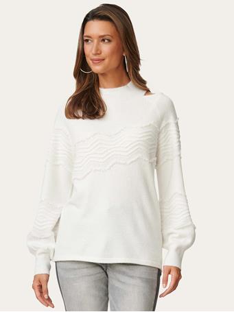DEMOCRACY - Long Blouson Sleeve Mock Neck Cable Stitch Yarn Sweater Winter White