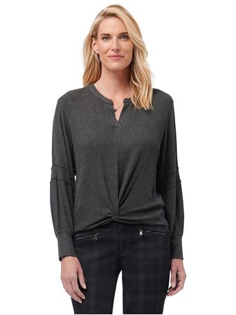 DEMOCRACY - Long Blouson Sleeve Twist Front Soft Waffle Knit Top Heather Charcoal