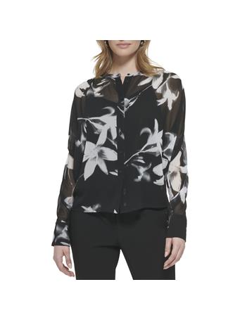 CALVIN KLEIN - Long Sleeve Print Chiffon Blouse BLK MULTI