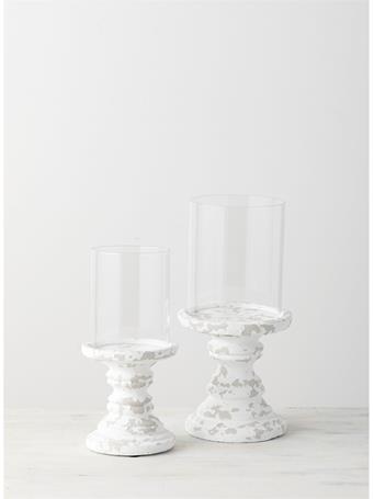 SULLIVANS - Distressed Candle Pillars Set of 2, with Hurricane Glass WHITE
