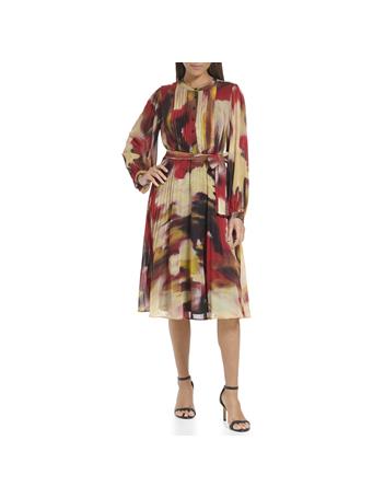 CALVIN KLEIN - Long Sleeve Pleat Skirt Self Belt Print Chiffon Dress CRANBERRY MULTI