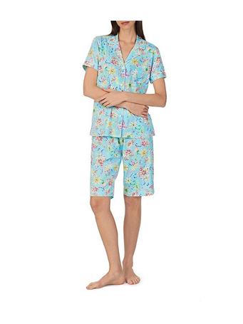 RALPH LAUREN - Floral Print Short Sleeve Notch Collar Bermuda Short Knit Pajama Set 482 AQUA FL