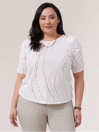 DEMOCRACY - Ruched Elbow Sleeve Scoop Neck Dot Print Plus Knit Top Off White/Taupe