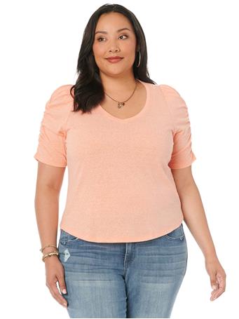 DEMOCRACY - Elbow Length Ruched Puff Sleeve Plus V Neck Knit Top Heather Papaya