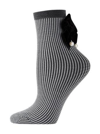 ME MOI - Houndstooth Faux Pearl Bow Accent Anklet Sock BLACK