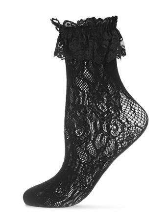 ME MOI - Allover Lace Ruffle Cluff Fashion Crew Sock BLACK